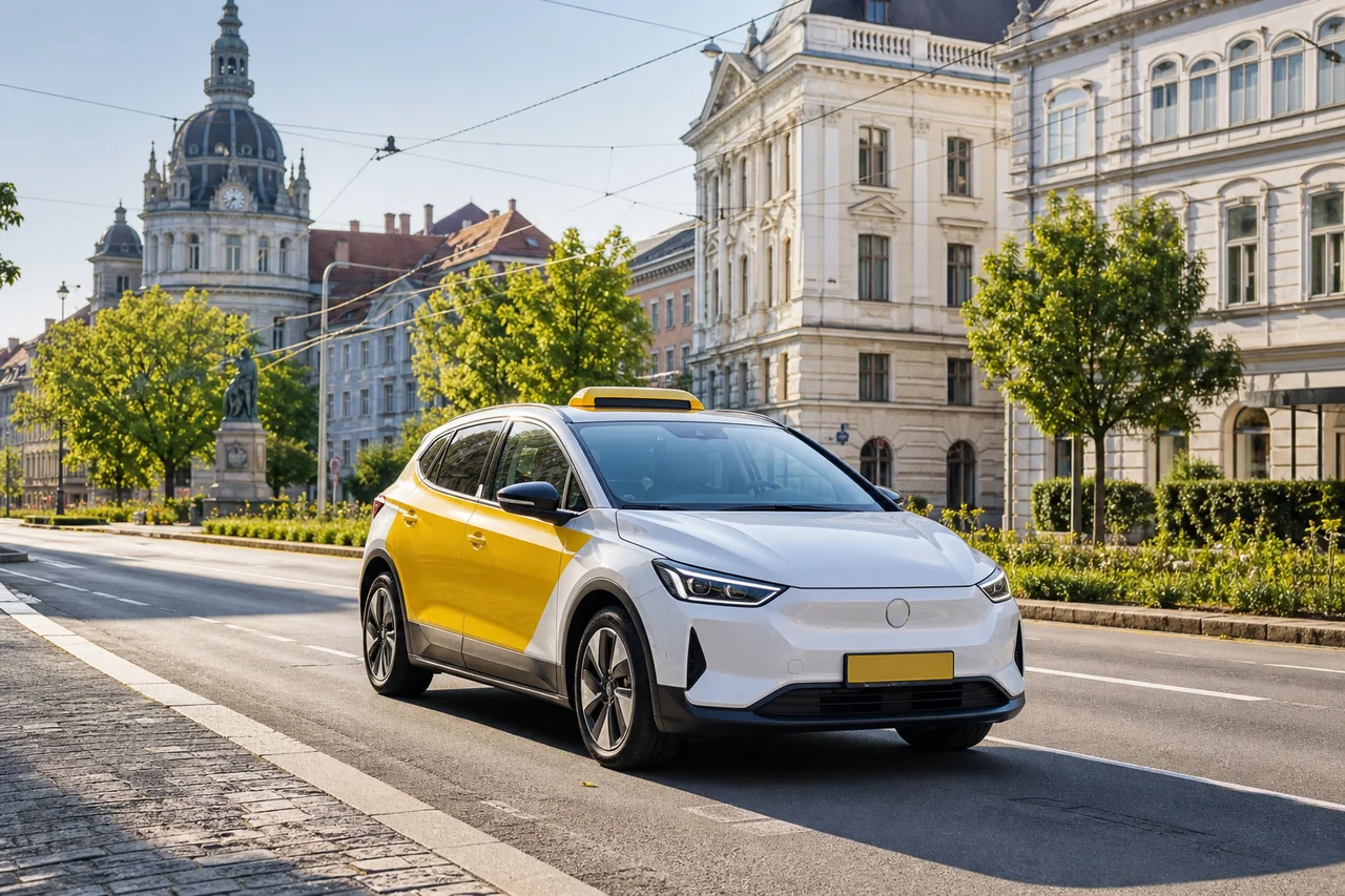 Modernes gelb-weißes E-Taxi auf einer Grazer Straße